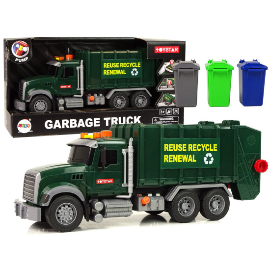 Rubbish Truck Bins Dark Green Sounds Lights Rotaļlietu automašīnas