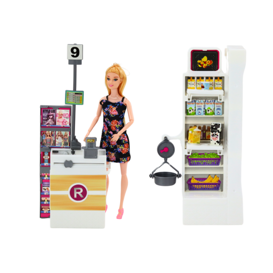 Lelle tirdzniecības centra komplekts ar plauktiem un iepirkumu ratiņiem Leļļu un spēļu komplekti