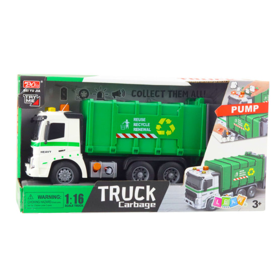 Garbage Truck Garbage Can Lights Sounds Green 1:16 Rotaļlietu automašīnas