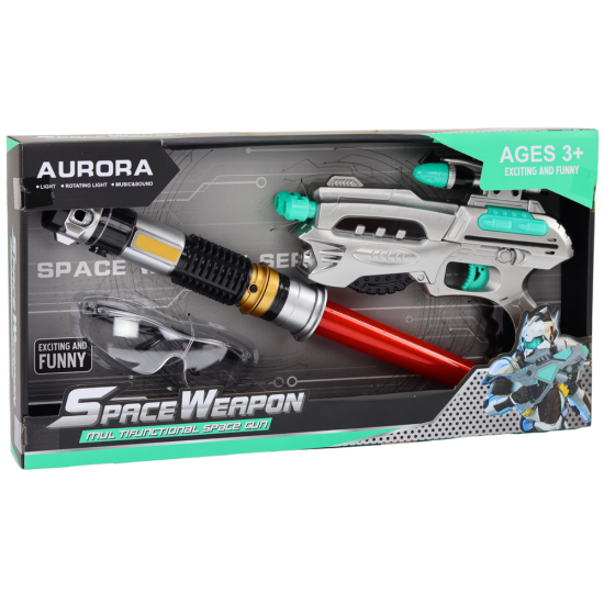 Kosmiskais komplekts ar gaismas zobenu, šauteni un aizsargbrillēm. Šautenes