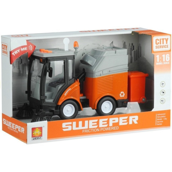 Street Sweeper Bin Lights Sounds Orange 1:16 Rotaļlietu automašīnas