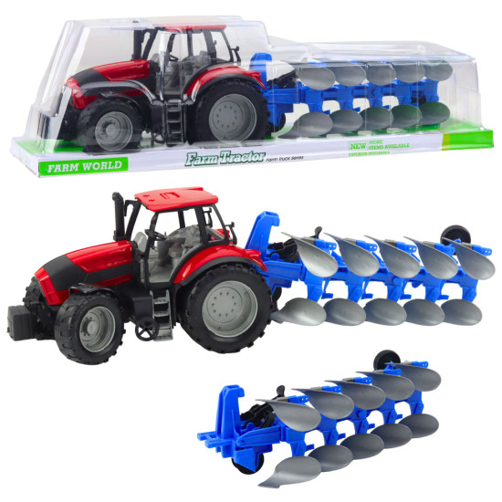 Agricultural Farm Tractor with Plow Drive Red 50cm Rotaļlietu automašīnas