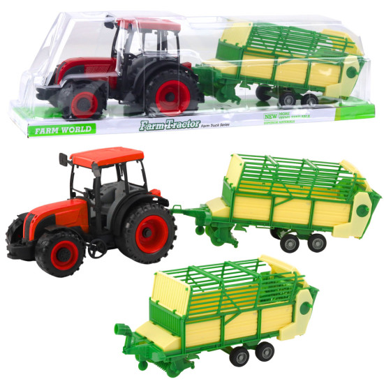 Agricultural Farm Tractor With Green and Yellow Trailer Red 50cm Rotaļlietu automašīnas