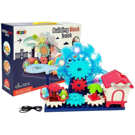 Ar baterijām darbināms konstrukcijas klucīšu komplekts ar slidkalniņu Konstruktoriši