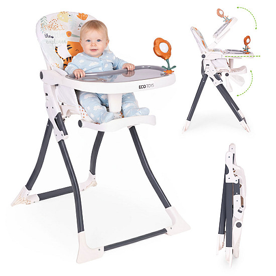 ECOTOYS kokoontaitettava syöttötuoli, jossa on leluja