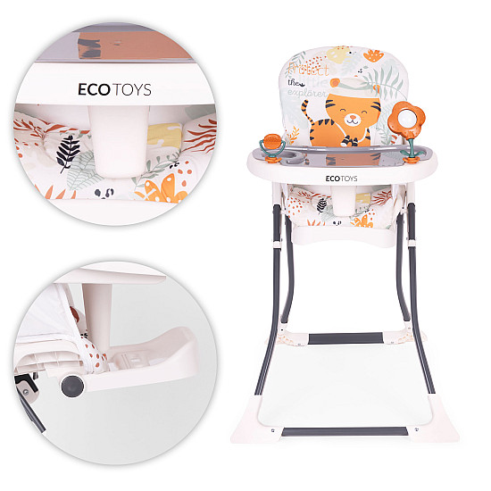 ECOTOYS kokoontaitettava syöttötuoli, jossa on leluja