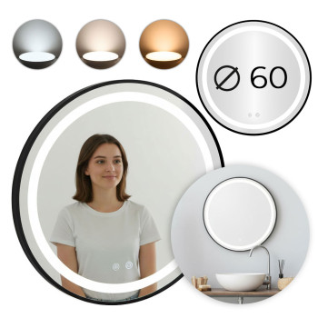 60 cm apaļš melns LED vannas istabas spogulis ar 3 gaismas krāsām ModernHome