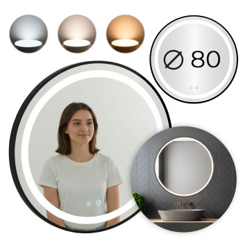 Apaļš melns LED vannas istabas spogulis 80 cm ar 3 gaismas krāsām ModernHome