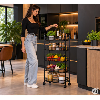Melni metāla ratiņi ar 5 plauktiem „ModernHome“