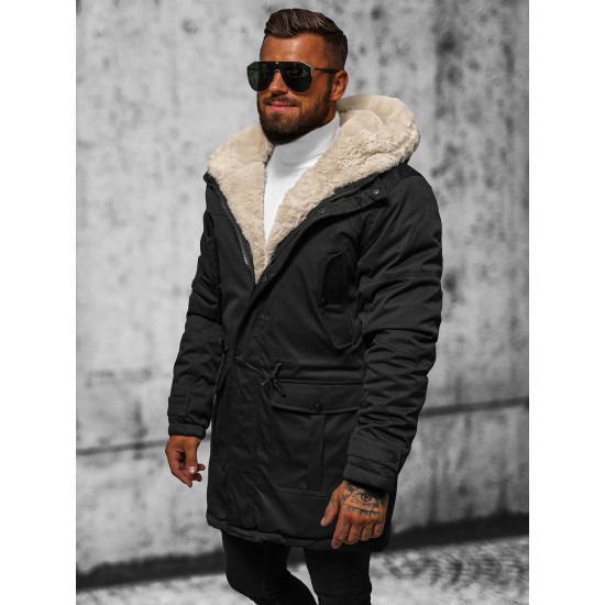 Men's black jacket with fur Premium JS/22M317/392 - Men's Jackets and Coats Men's black jacket with fur Premium JS/22M317/392 Premium