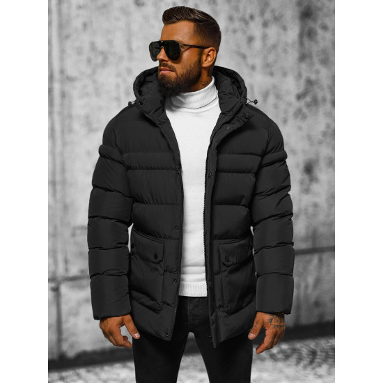 Vīriešu melna ziemas jaka ar kapuci JS/22M332/392 - Rīcība Vīriešu melna ziemas jaka ar kapuci JS/22M332/392 Premium