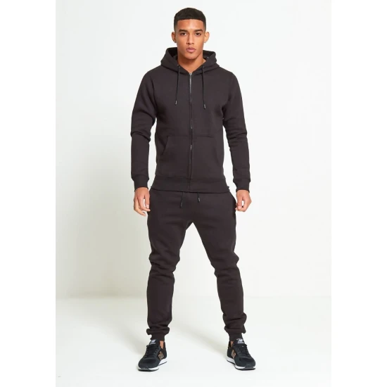 Melns sporta kostīms ar kapuci un rāvējslēdzēju vīriešiem PK3030