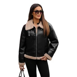 Sieviešu melna ādas jaka ar brūnu kažokādu Maria