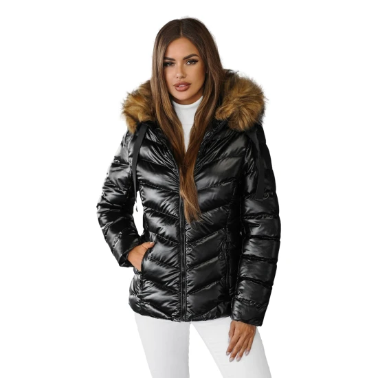 Melna spīdīga jaka ar brūnu kažokādu Alexa JS/5M3138/392BZ