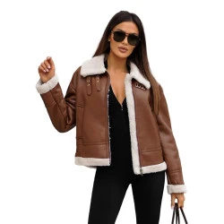 Sieviešu brūna ādas jaka ar kažokādu Maria