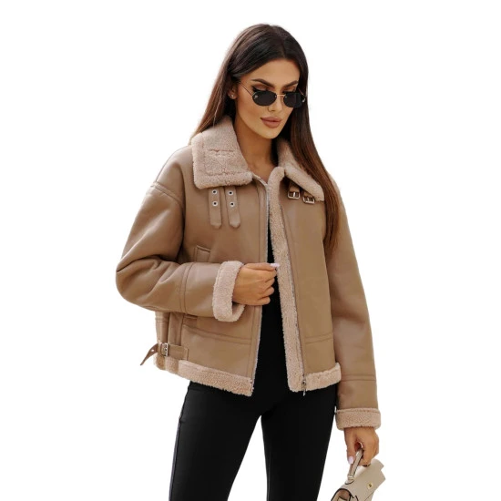 Sieviešu brūna ādas jaka ar kažokādu Maria JS/11Z8176