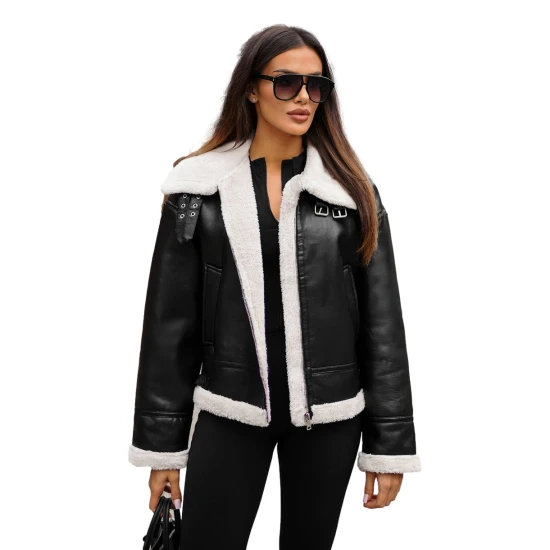Sieviešu melna ādas jaka ar baltu kažokādu Maria JS/11Z8176