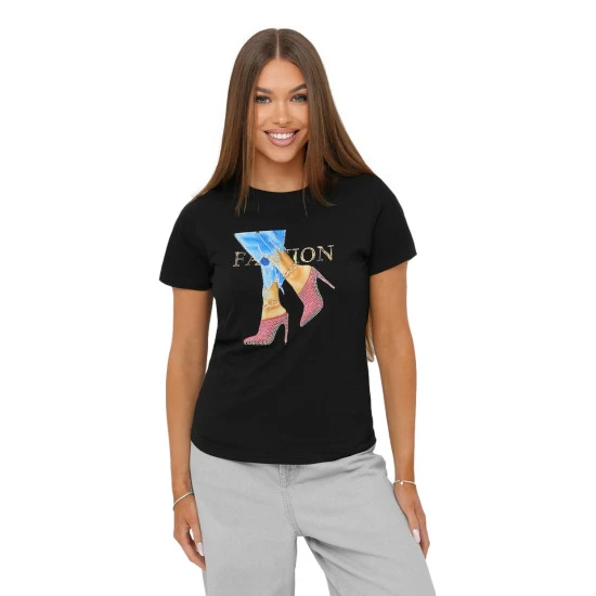 Sieviešu melns T-krekls Fact JS/96T690/3