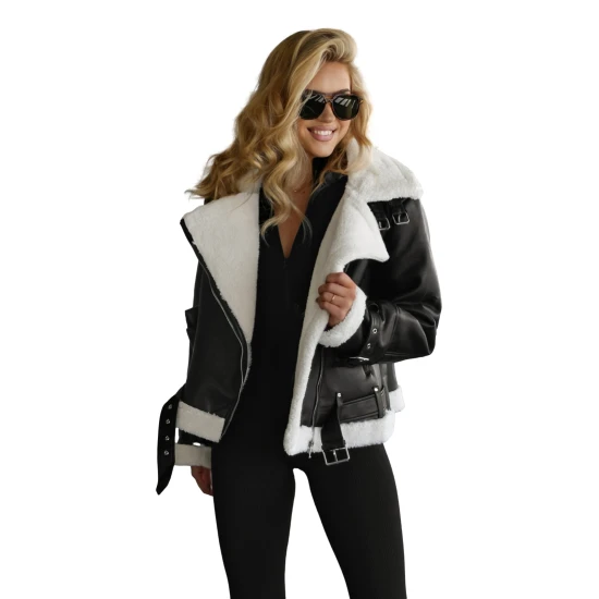 Sieviešu melna ādas jaka ar baltu kažokādu Elen JS/11Z8177