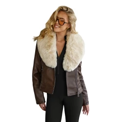 Sieviešu brūna ādas jaka ar kažokādu Lāzers