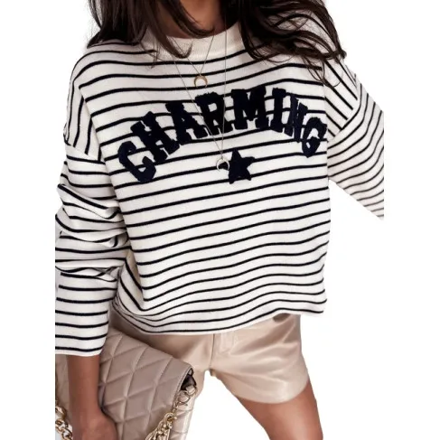 Sieviešu balts/tumši zils svītrains džemperis Charming Sieviešu džemperi