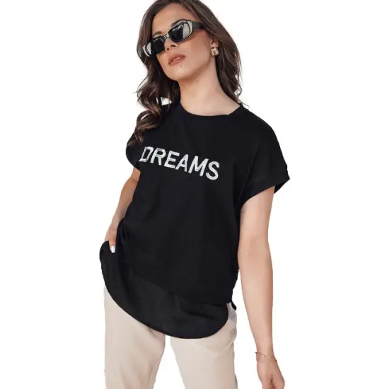 Sieviešu melns t-krekls Dreams T-krekls ar saukļiem
