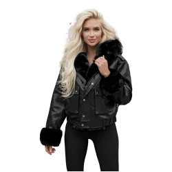 Sieviešu melna ādas jaka ar kažokādu Dersi