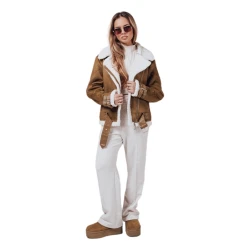 Sieviešu brūna jaka ar kažokādas sviru