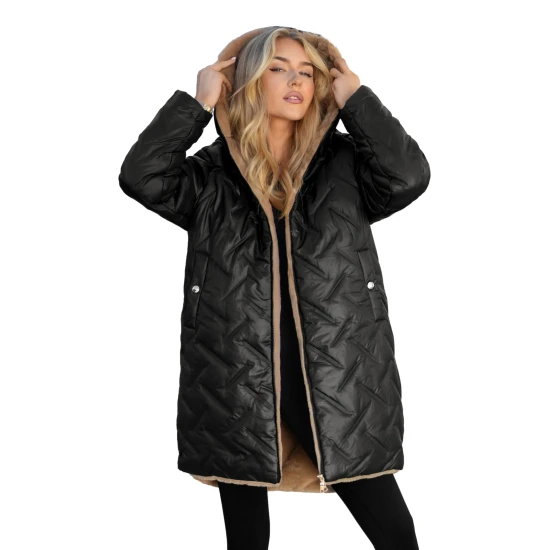 Sieviešu ziemas divpusējā melnā jaka ar kapuci Ela Sieviešu jakas