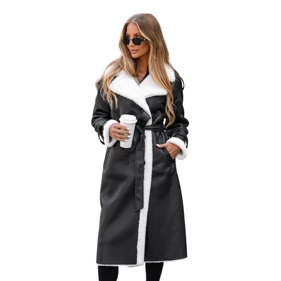 Sieviešu melns, garš ādas mēteli ar mākslīgo kažokādu Emil Jakas