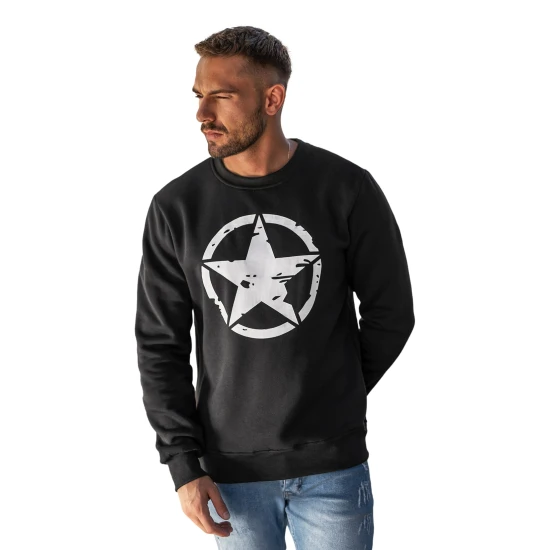Vīriešu melns džemperis ar militārajām zvaigznēm Džemperi bez kapuciņiem