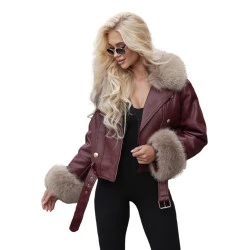 Sieviešu bordo ādas jaka ar brūnu kažokādu Elis