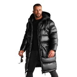 Vīriešu melna spīdīga jaka ar kapuci Monakko