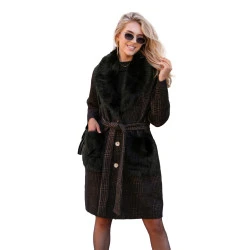 Sieviešu melns mētelis ar kažokādu Korin