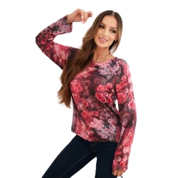 Sieviešu zila ziedota bluza ar gariem piedurkniem