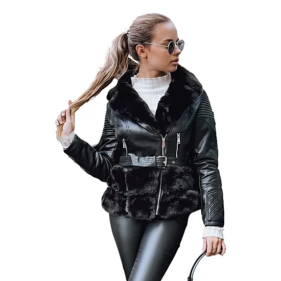 Women's black leather biker jacket with fur Lora Women's jackets