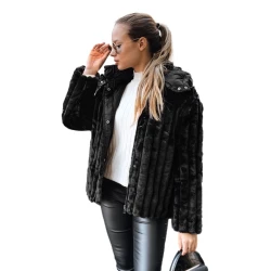 Sieviešu melna kažokādas jaka ar kapuci Marly