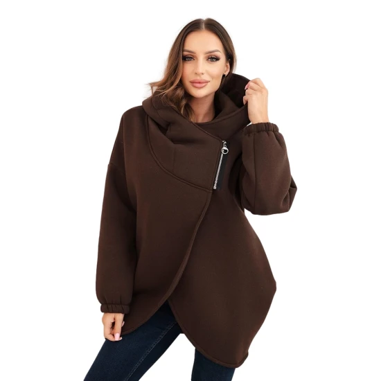 Sieviešu tumši brūna džemperis sasildīts ar pogu Jonit. Džemperi ar kapuci