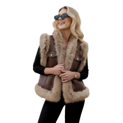 Sieviešu tumši brūna ādas veste ar kažokādu