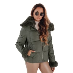 Sieviešu zaļa īsa jaka ar kažokādu Flora