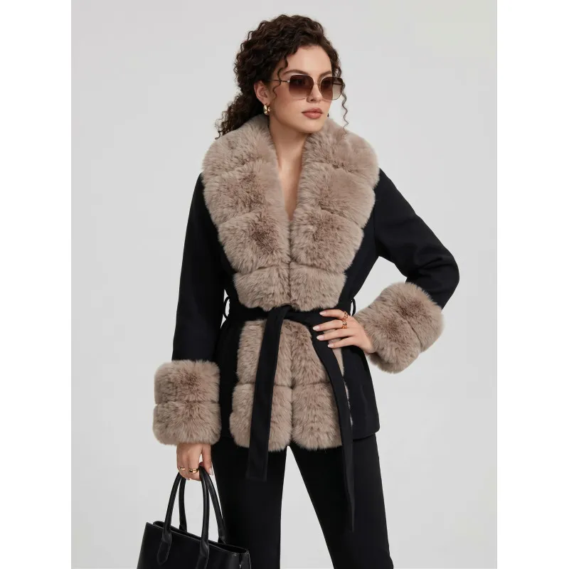 Sieviešu melns mētelis ar sarkanbrūnu kažokādu „Breda“