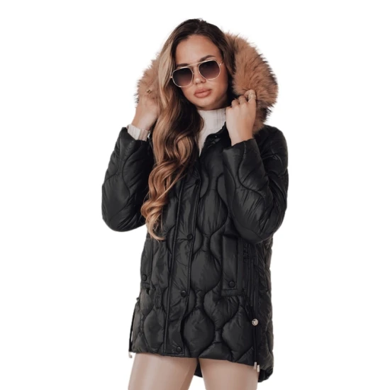 Sieviešu melna ziemas jaka ar brūnu kažokādu Lumor