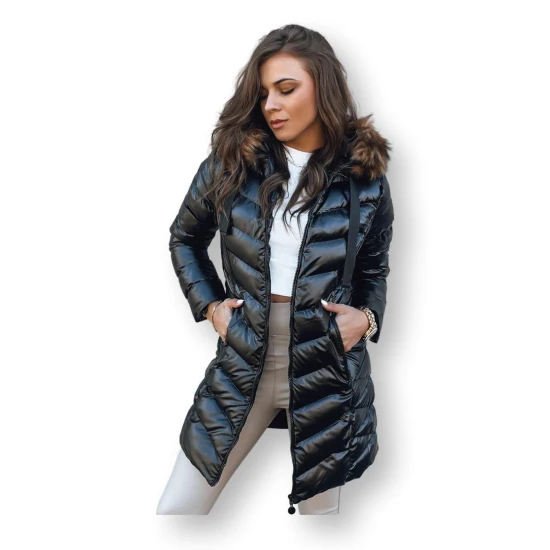 Sieviešu stepēta melna jaka ar brūnu kažokādu Crystal Sieviešu jakas