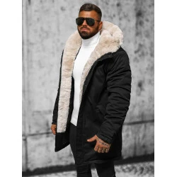 Vīriešu melna ziemas jaka ar kažokādu Eget