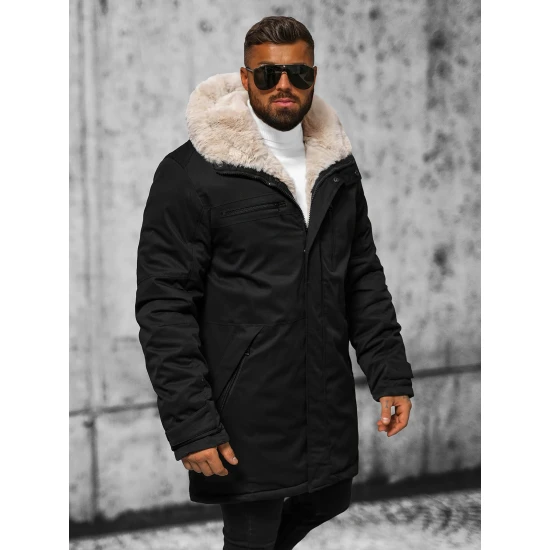 Vīriešu melna ziemas jaka ar kažokādu Eget JS/22M316/392