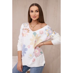 Sieviešu balta blūze ar krāsainiem ziediem Pavasaris