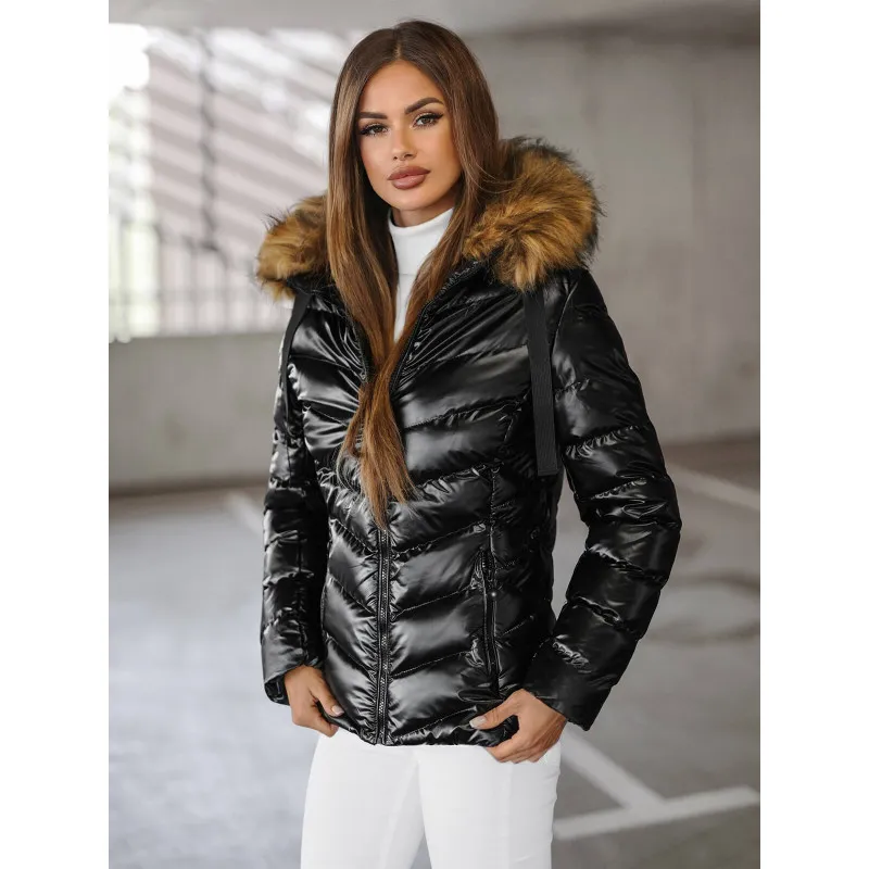 Melna spīdīga jaka ar brūnu kažokādu Alexa JS/5M3138/392BZ