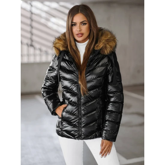 Melna spīdīga jaka ar brūnu kažokādu Alexa JS/5M3138/392BZ