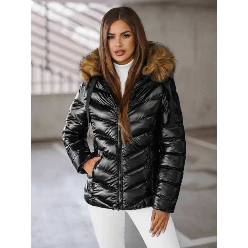 Melna spīdīga jaka ar brūnu kažokādu Alexa JS/5M3138/392BZ