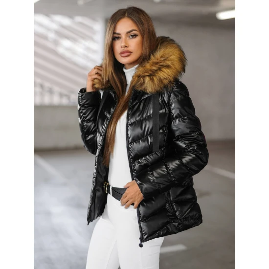 Melna spīdīga jaka ar brūnu kažokādu Alexa JS/5M3138/392BZ